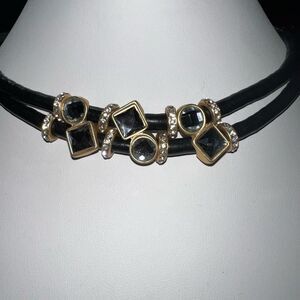 Leather Double Tube And Gray and Rhinestone Choker Necklace